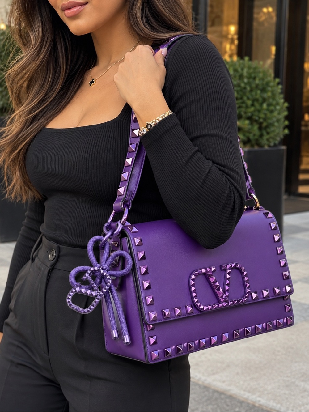 Valentino Purple Studded Logo Cord Keychain